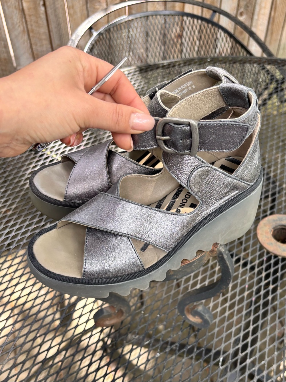 Fly London Metallic Gray Platform Wedge Sandals with Ankle Buckle
